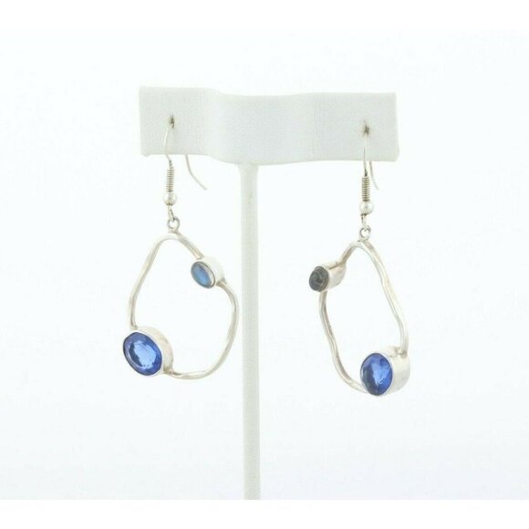 Sterling Silver Blue CZ and Moonstone Earrings Dangle Drop Earrings - Picture 6 of 7